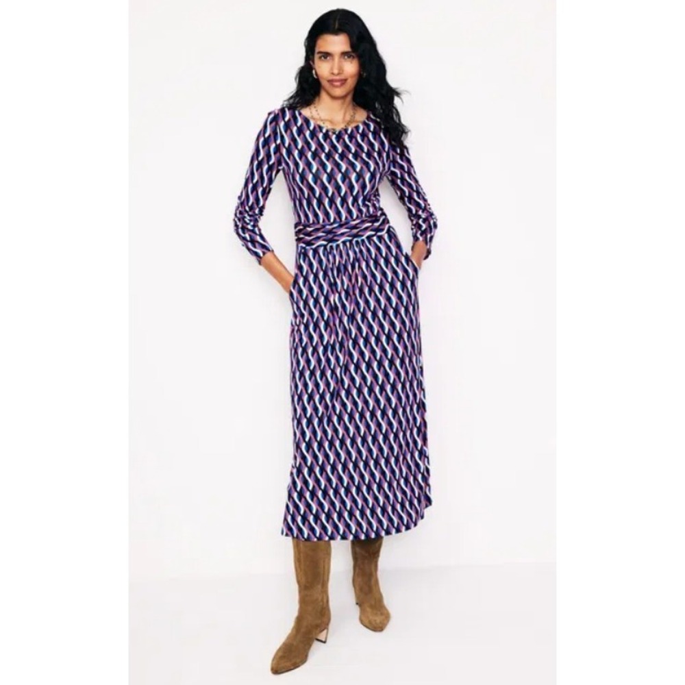 Boden Amelie Long Sleeve Midi Dress Pink Blue Geometric Long Sleeve Stretch 2P